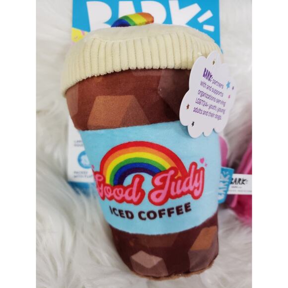 2 NEW BARK BOX gay pride rainbow iced coffee squeak crinkle lgbtq lot dog toy - Picture 5 of 7